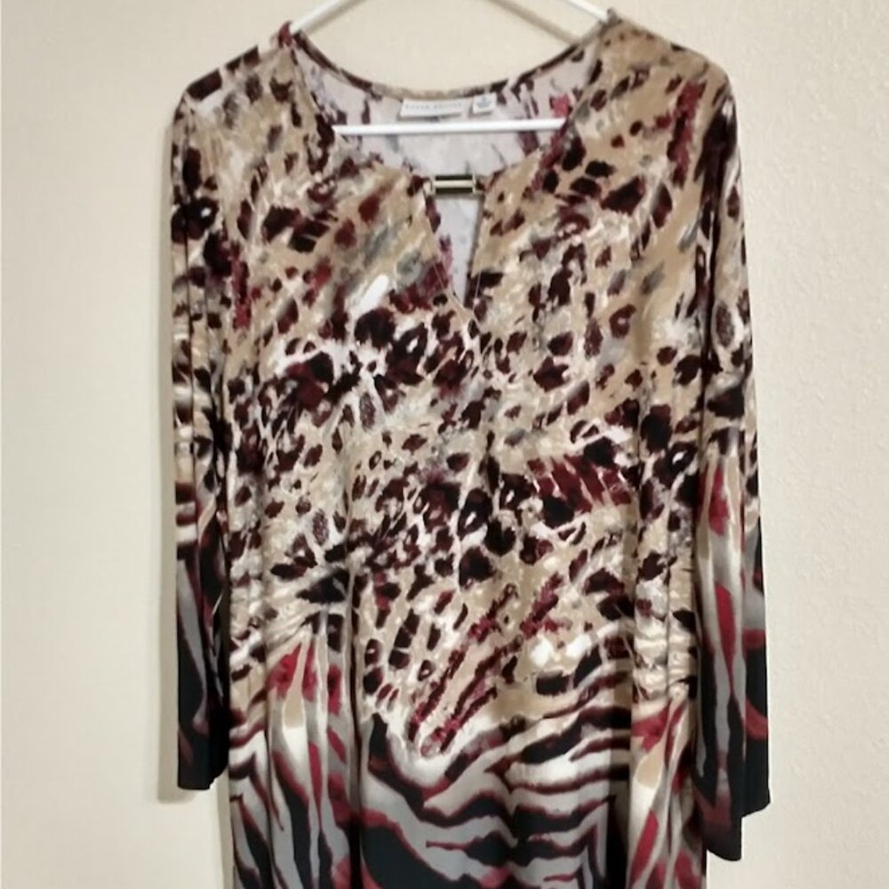 Women's Tunic Top by Susan Graver - Printed Liquid Knit Keyhole Trim - XL